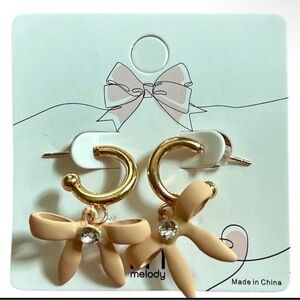 Gold Bow Drop Earrings Beige Ribbon Charm Rhinestone Accent Cute Style